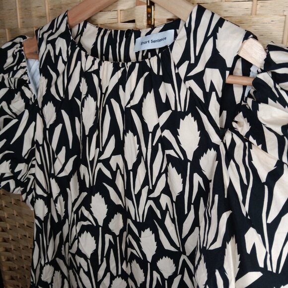 Short Sentence Puffy Sleeve Cutout Relaxed Fit Cotton Mini Dress Pockets Floral - Picture 6 of 11